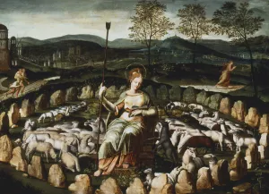 Genevieve Prints: St Genevieve gardant ses moutons ( St Genevieve watching her Flock ), 16th century