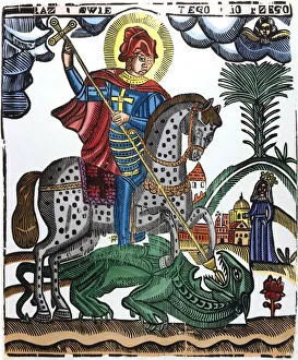 Good Versus Evil Prints: St George, mounted on a spotted horse, killing the dragon, 19th century