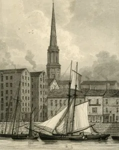 Docks Prints: St. Georges Church from the Docks, Liverpool, c1830. Creator: Edward Francis Finden