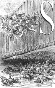 St James Park Prints: St. Jamess Park - Feeding the Ducks, 1872. Creator: Gustave Doré