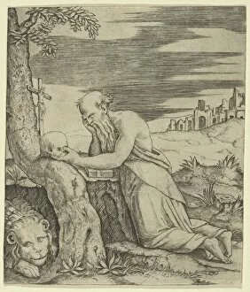 St Jerome kneeling before a crucifix, a skull in his left hand, a lion laying at... ca. 1500-1527