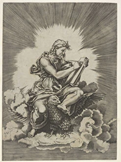 Veneziano Gallery: St. John, seated and holding a writing instrument to a tablet, an eagle with outstre