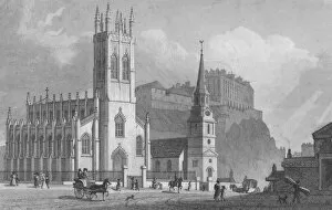 Britton Gallery: St. Johns Chapel, St. Cuthberts Church, and New Barracks, 1829. Artist: WH Bond