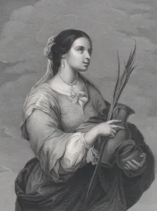 Murillo Prints: St Justa, three-quarter length, turned to right, holding two pots and a palm, 1840-1860