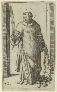 Chains Prints: St Leonard standing holding a palm in his right hand and chains in his left