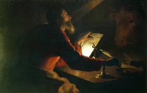 Oxen Prints: St Luke the Evangelist writing his Gospel watched by his symbol, an ox, 17th century