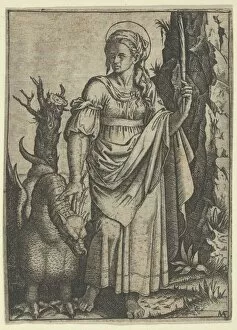 Mythical Beasts Gallery: St Margaret holding a palm in her raised left hand, a dragon at her right, ca. 15