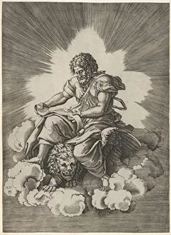 Evangelist Gallery: St. Mark, seated with an unfurled scroll in his hands, a winged lions head and fore