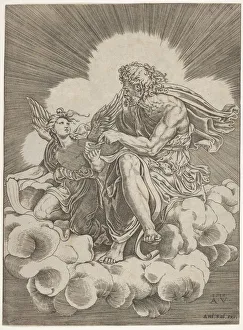 Rays Of Light Prints: St. Matthew, seated on a cloud and dipping a quill into an inkwell held by an angel