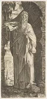 St. Paul standing under an overgrown arch, his left foot poised upon a rock