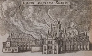 Destroy Prints: St Pauls Cathedral (old), London, on fire, 1666. Artist: Wenceslaus Hollar