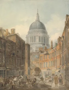Draft Horse Prints: St. Pauls Cathedral from St. Martin s-le-Grand, ca. 1795. Creator: Thomas Girtin