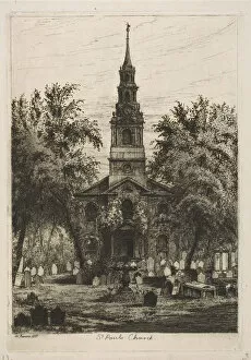Gravestone Gallery: St. Pauls Chapel, New York (from Scenes of Old New York), 1877. Creator: Henry Farrer