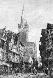 St. Pierre, Caen, by S. Read, in the exhibition of the Society of Painters in Water-Colours, 1868. Creator: William James Palmer
