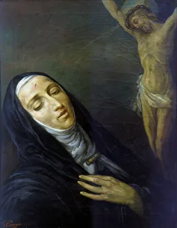 Ecstasy Prints: St Rita de Cascia in ecstasy in front of the figure of Christ on the cross, 19th century