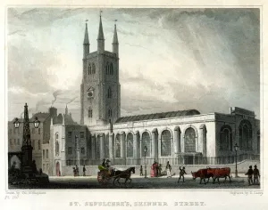St Sepulchres Church, Skinner Street, City of London, c1830. Artist:s Lacey
