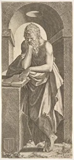 St. Simon standing before an open book with the fingers of his left hand pressed onto the St. Simon standing before an open book with the fingers of his left hand pressed onto the