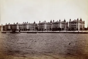 St Thomas Prints: St Thomas's Hospital, Lambeth: exterior seen from across the Thames