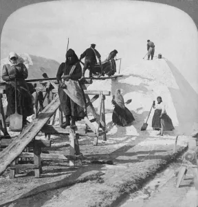 Natural Resources Prints: Stacking salt in the great salt fields of Solinen