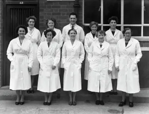 Staff from Schonhuts butchery factory, Rawmarsh, South Yorkshire, 1955. Artist
