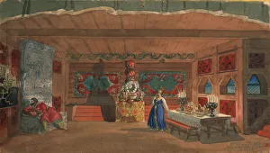Stage design for the opera The Tsars Bride by N. Rimsky-Korsakov, 1920. Artist: Kustodiev, Boris Michaylovich (1878-1927)