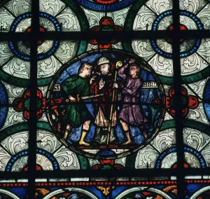 Stained glass depiction of the murder of Thomas A Becket, 12th century Stained glass depiction of the murder of Thomas A Becket, 12th century