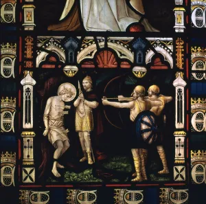 Stained glass window of St Edmund being martyred by Danes, 9th century Stained glass window of St Edmund being martyred by Danes, 9th century