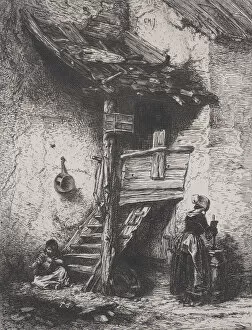 Butter Churn Collection: Stairs and Woman Churning, 1845. Creator: Charles Emile Jacque