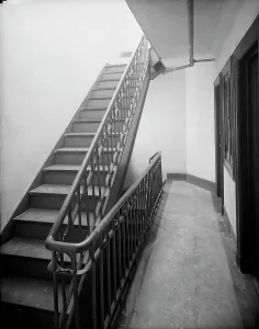 Tenement Prints: Stairway and hall, tenement, New York City, between 1900 and 1910. Creator: Unknown