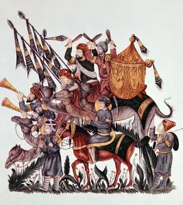 Drum Prints: Standard bearers, drummers and trumpeters of a Saracen army, 13th century