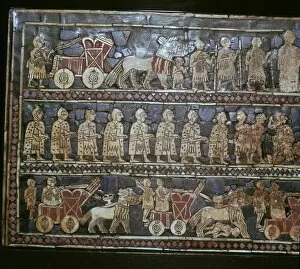 Charioteer Gallery: Detail of the Standard of Ur, showing chariots and soldiers, southern Iraq, about 2600-2400 BC