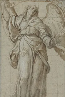 Highlighted With White Gouache Prints: Standing Angel Holding a Scroll, ca. 1614. Creator: Giovanni Domenico Caresana