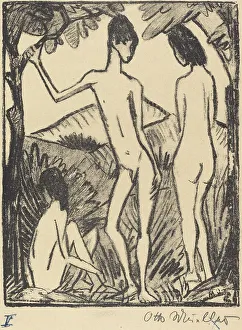 Natural Prints: Standing Boy and Two Girls (Stehender Knabe und zwei Madchen), 1917. Creator: Otto Mueller