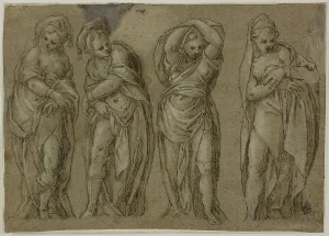 Lead White Prints: Four Standing Draped Female Figures, n.d. Creator: Paolo Farinati