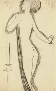 Akhmatova Prints: Standing Female Nude in Profile with Lighted Candle