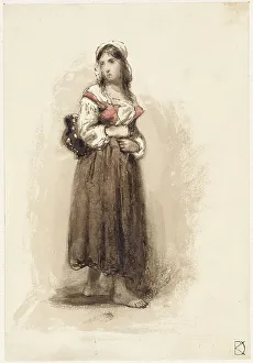 Standing girl carrying a jug on her back, 1841-1857. Creator: Johan Daniel Koelman