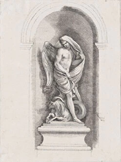 Spring Collection: Standing male angel holding drapery and standing over a ram;... possibly mid to late 18th century