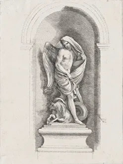 Standing male angel holding drapery and standing over a ram;... possibly mid to late 18th century. Creator: Anon Standing male angel holding drapery and standing over a ram;... possibly mid to late 18th century. Creator: Anon