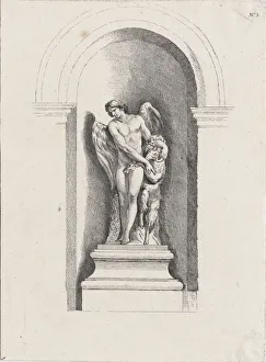 Standing male angel looking down to left and holding a ram; a... possibly mid to late 18th century. Creator: Anon Standing male angel looking down to left and holding a ram; a... possibly mid to late 18th century. Creator: Anon