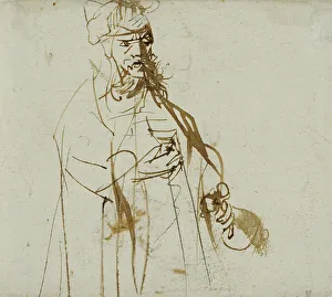 Ferdinand Boll Prints: Standing man with bottle and glass. Creator: Ferdinand Bol