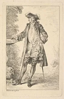 Tricorn Collection: Standing man with his right hand resting on a basin, shown in three-quarters view with