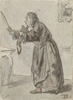 Violin Bow Prints: Standing man with violin and bow, 1866. Creator: David Joseph Bles
