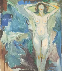 Standing nude against blue background, 1925-1930