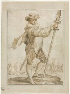 Over Black Chalk Prints: Standing Officer Holding a Boars Spear