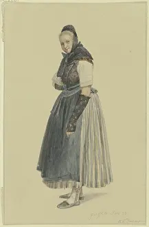 Shawl Prints: Standing peasant woman facing left, 1837. Creator: Jakob Dielmann