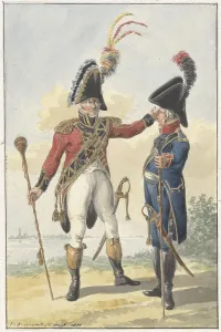 Bicorne Prints: Two standing soldiers, 1801. Creator: Jan Antony Langendijk