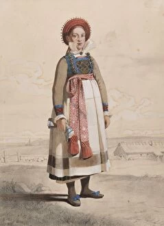 Figures Collection: Standing woman in full figure with white apron and woven ribbons, 1810-1857. Creator: Otto Wallgren