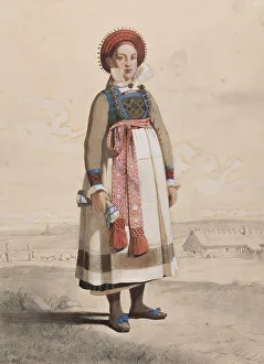Nordic Museum Prints: Standing woman in full figure with white apron and woven ribbons