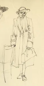 Shirley Jane Prints: Standing woman in hat, 1953. Creator: Shirley Markham