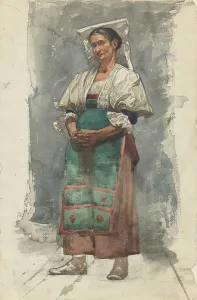 Teal Prints: Standing woman in traditional costume, 1870-1923. Creator: Willem Witsen